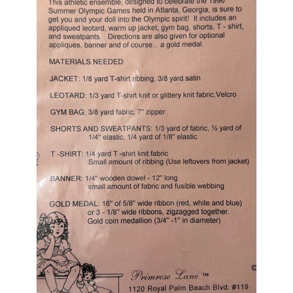 Olympic Dreams Athletic Outfit Pattern 18” Doll Primrose Lane UNCUT Pattern 1996 - Picture 6 of 7